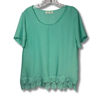 Wishful Park Mint Green Short‎ Sleeve Blouse Floral Crochet Lace Hem Size L